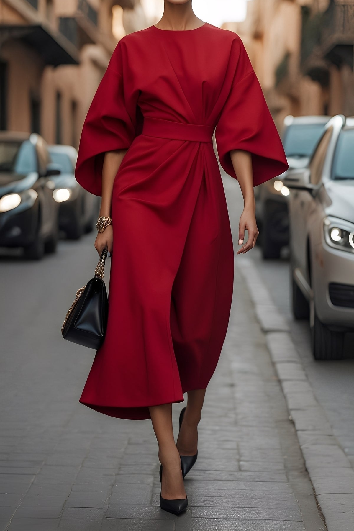 Nicole - Stylowa midi sukienka z bufiastymi rękawami dla pań