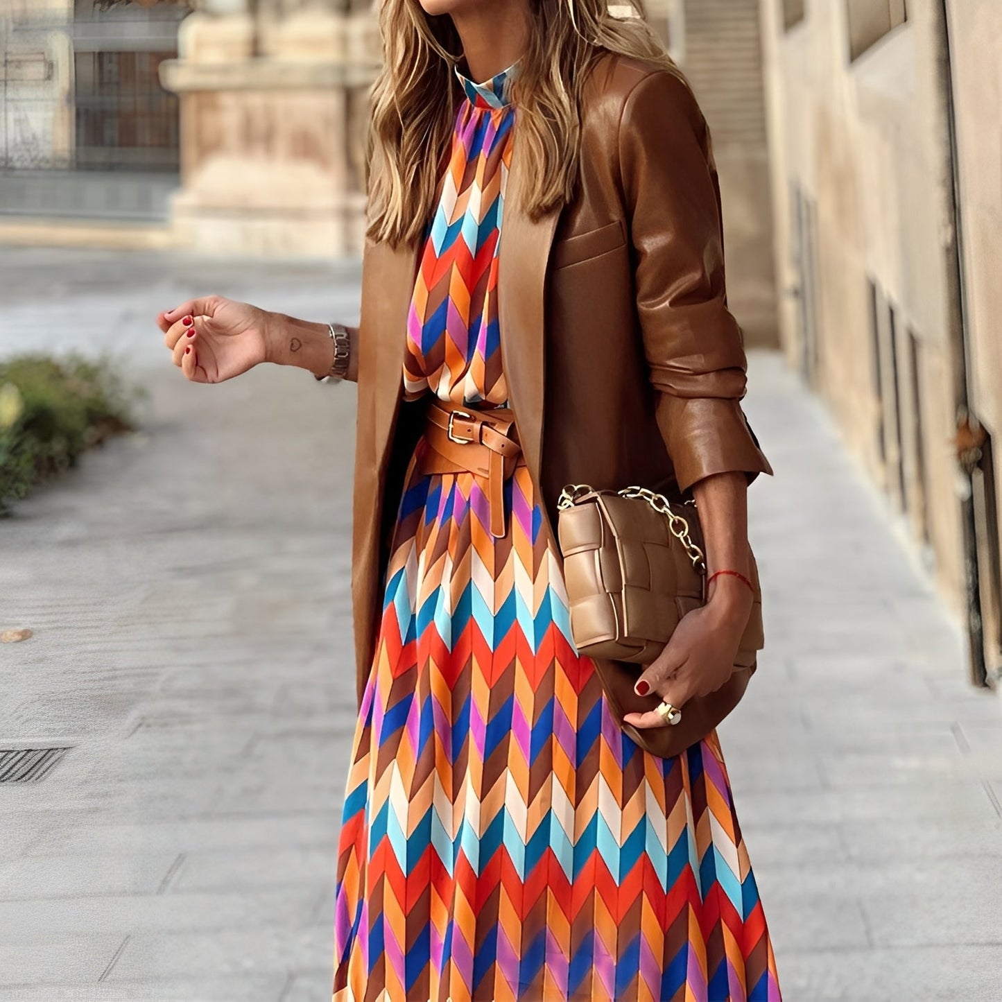 Sandra - Kolorowa sukienka midi dla kobiet