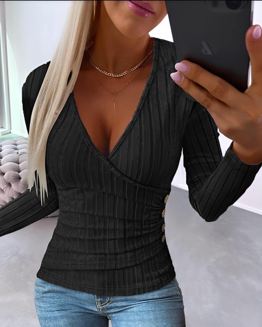 Annie - Damski sweter w paski z dekoltem V