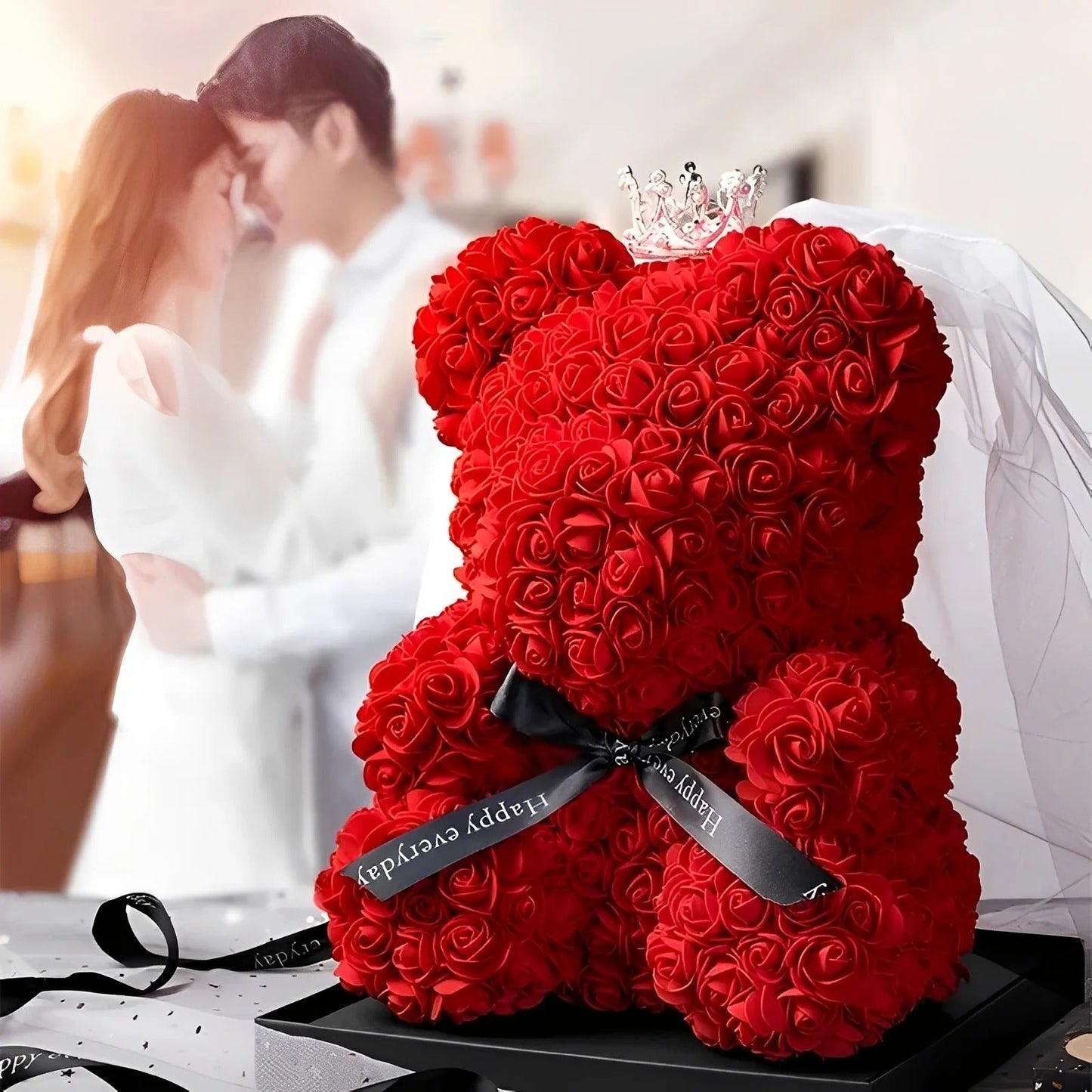 Teddie - Romantyczny Miś z Róż i LED Pudełkiem na Walentynki