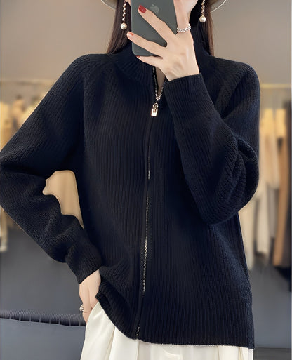 Margaret - Damski wełniany kardigan z zamkiem