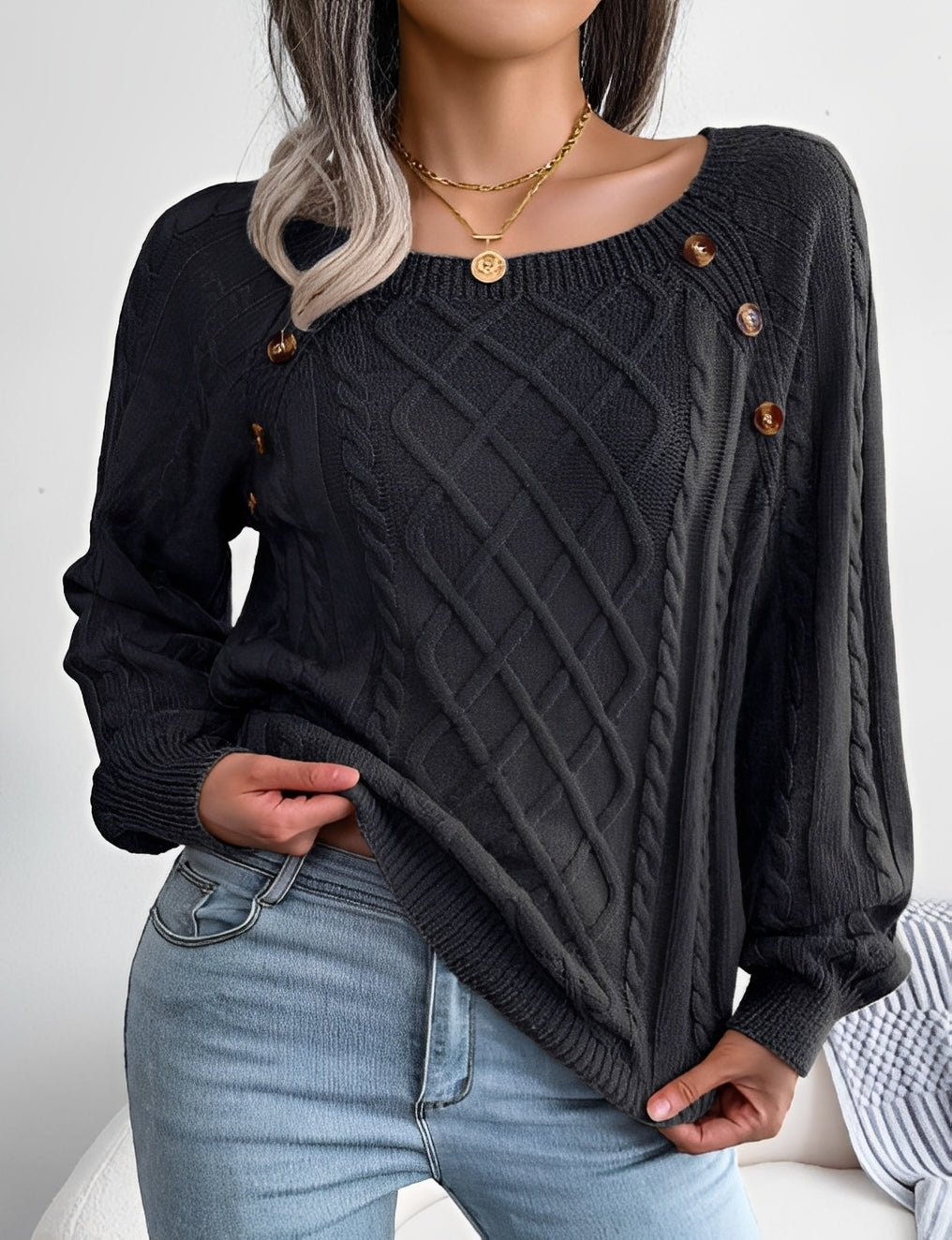 Sally - Modny sweter damski z dzianiny i guzikami