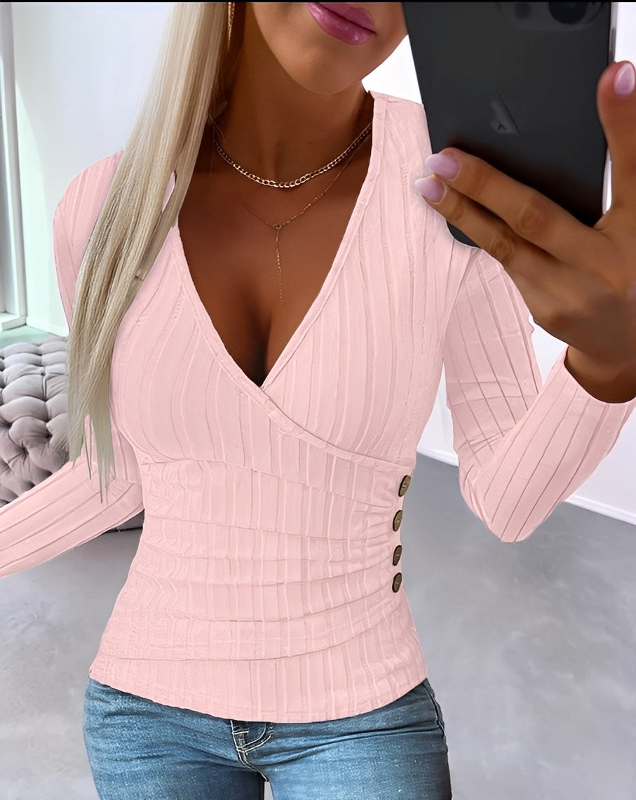 Annie - Damski sweter w paski z dekoltem V