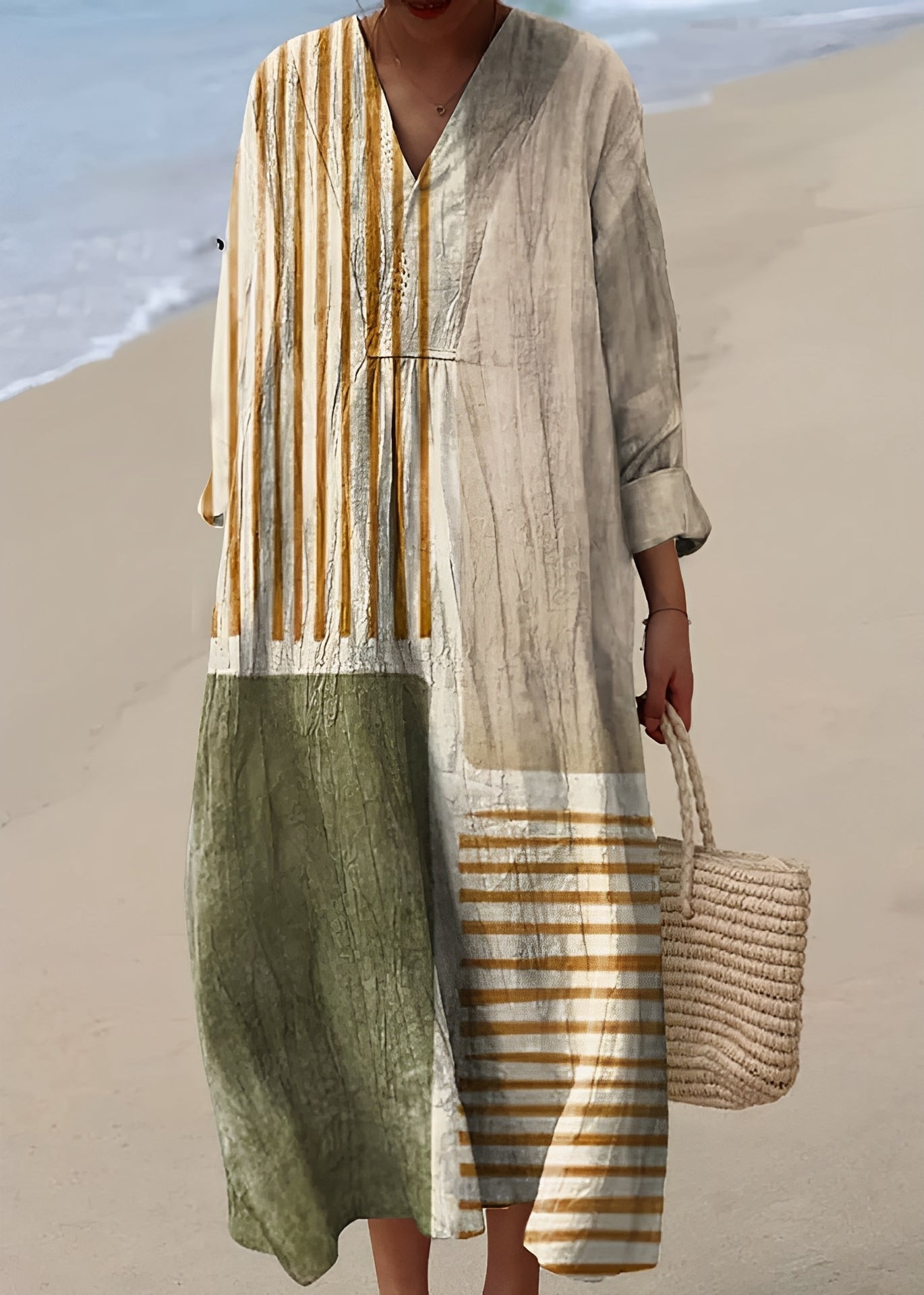 Leilani - Elegancka lniana sukienka z dekoltem V dla kobiet