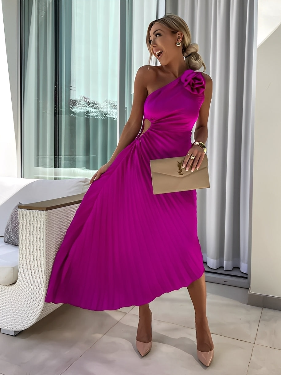 Rachael - Stylowa plisowana sukienka z kwiatowymi elementami na ramionach dla kobiet