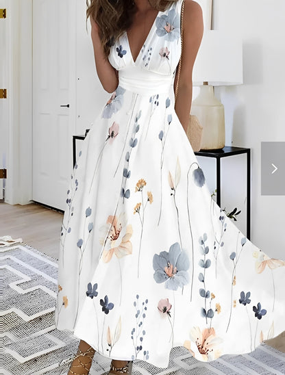 Lucie - Stylowa suknia maxi z dekoltem V i kwiatowym wzorem dla kobiet