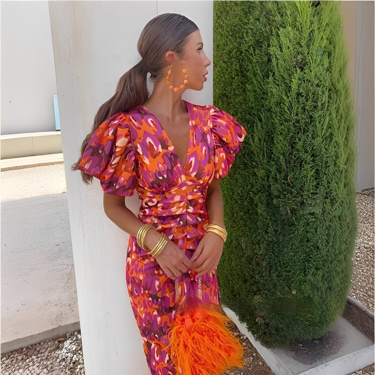 Gaëlle - Sukienka w kolorowe wzory z rękawami z marszczeniami dla kobiet