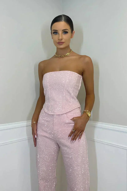 Selina – Overall bez ramion – Glamourowe wejście z połyskującym materiałem