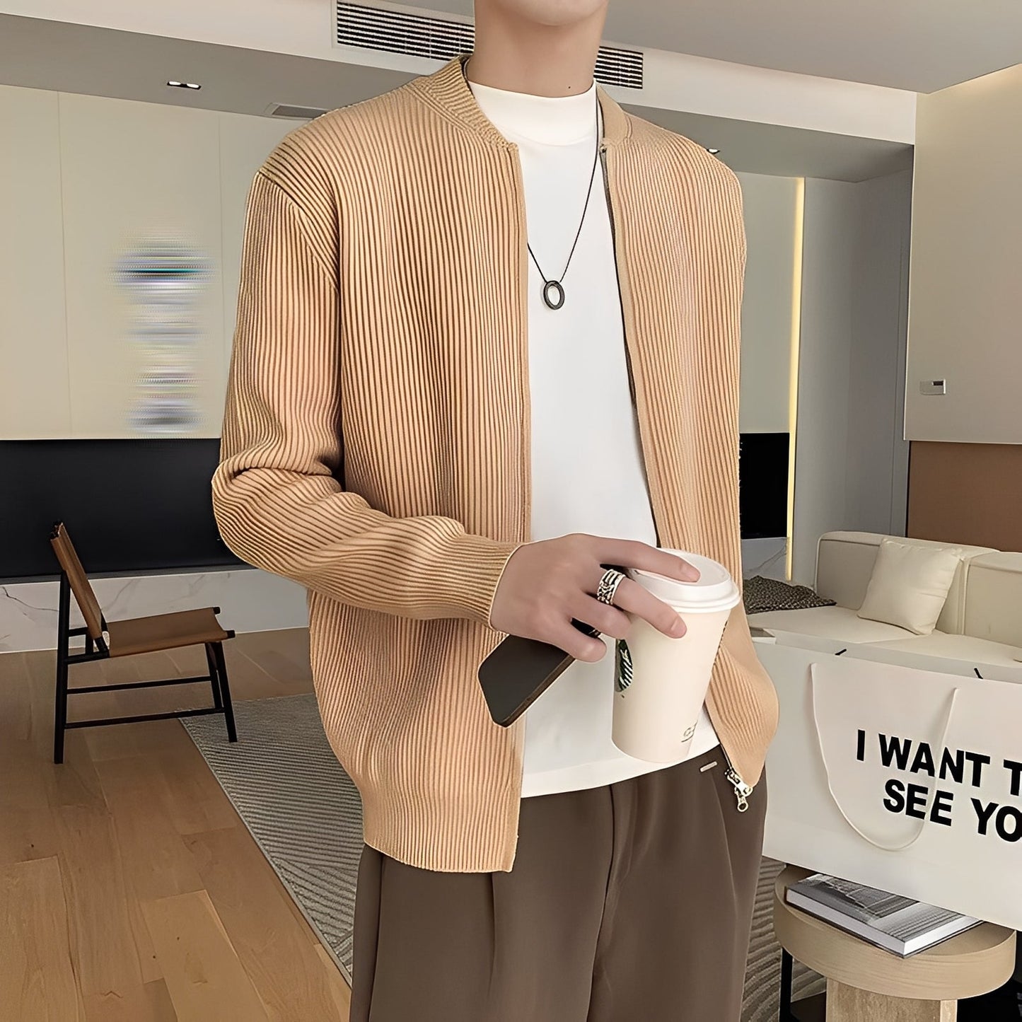 Damon - Sweter vintage z dzianiny z zamkiem dla mężczyzn