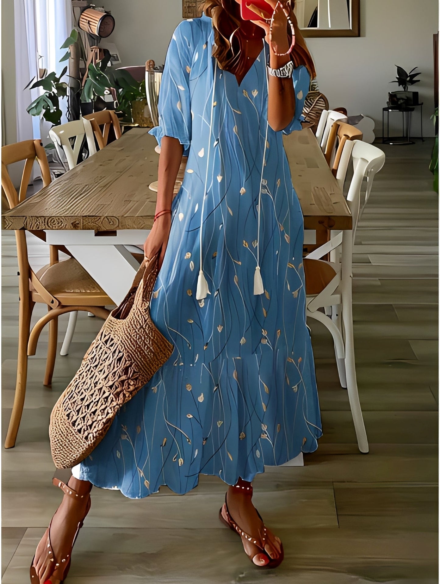 Domitille - Stylowa sukienka z dekoltem V, luźna dla kobiet