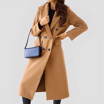 Jasmin - Elegancki długi dwurzędowy płaszcz damski