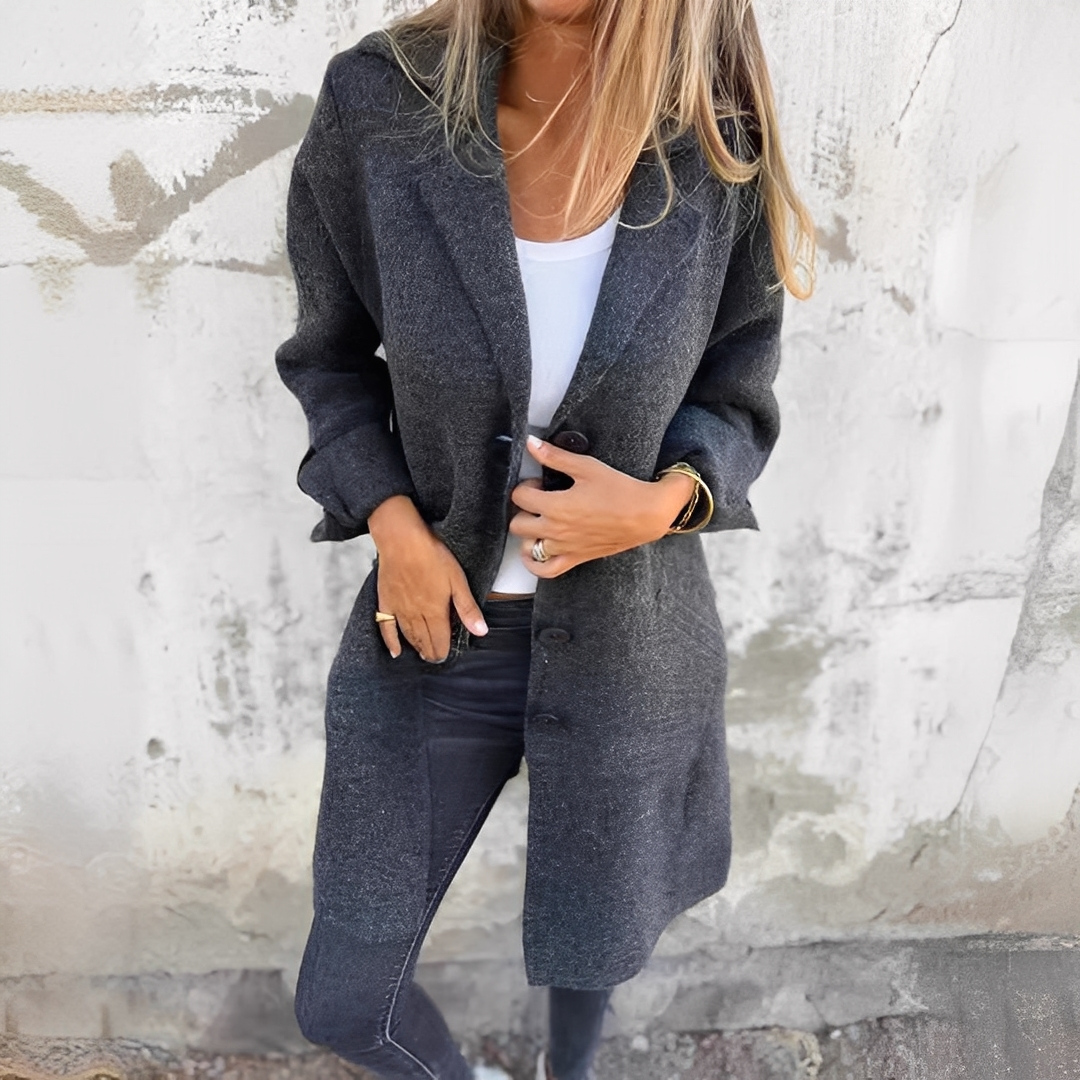 Odile - Długi płaszcz damski z klapami, o swobodnym kroju