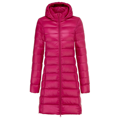 Charlotte - Stylowy długi płaszcz puchowy z kapturem dla kobiet