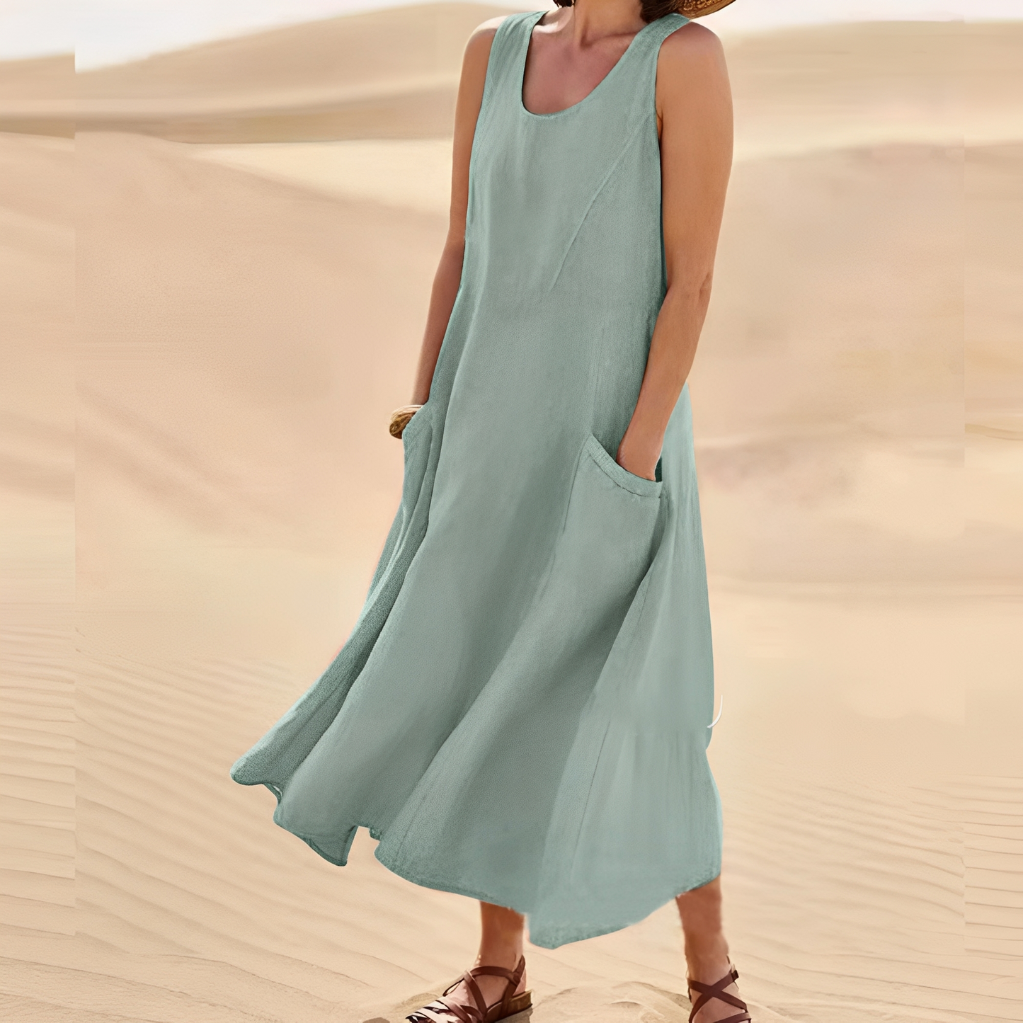 Connie - Luźna, bezrękawnikowa sukienka z kieszeniami dla kobiet