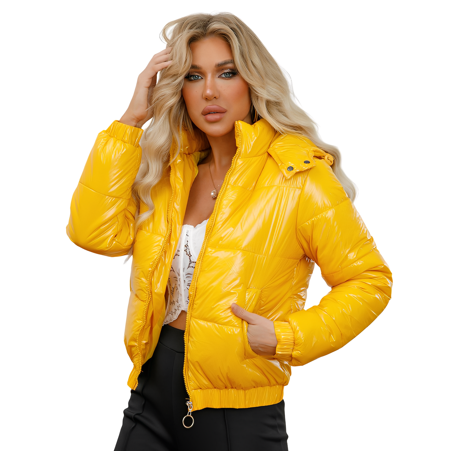 Yazmin - Stylowa, błyszcząca kurtka z kapturem dla kobiet