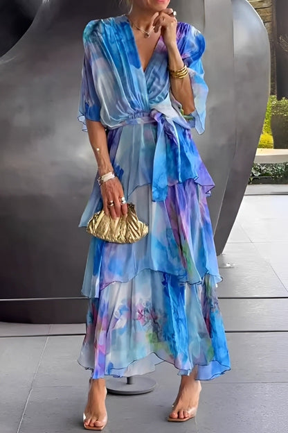 Jane - Kwiatowa, wielowarstwowa sukienka z dekoltem V dla kobiet