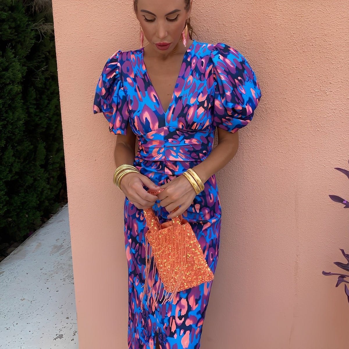 Gaëlle - Sukienka w kolorowe wzory z rękawami z marszczeniami dla kobiet