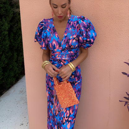 Gaëlle - Sukienka w kolorowe wzory z rękawami z marszczeniami dla kobiet