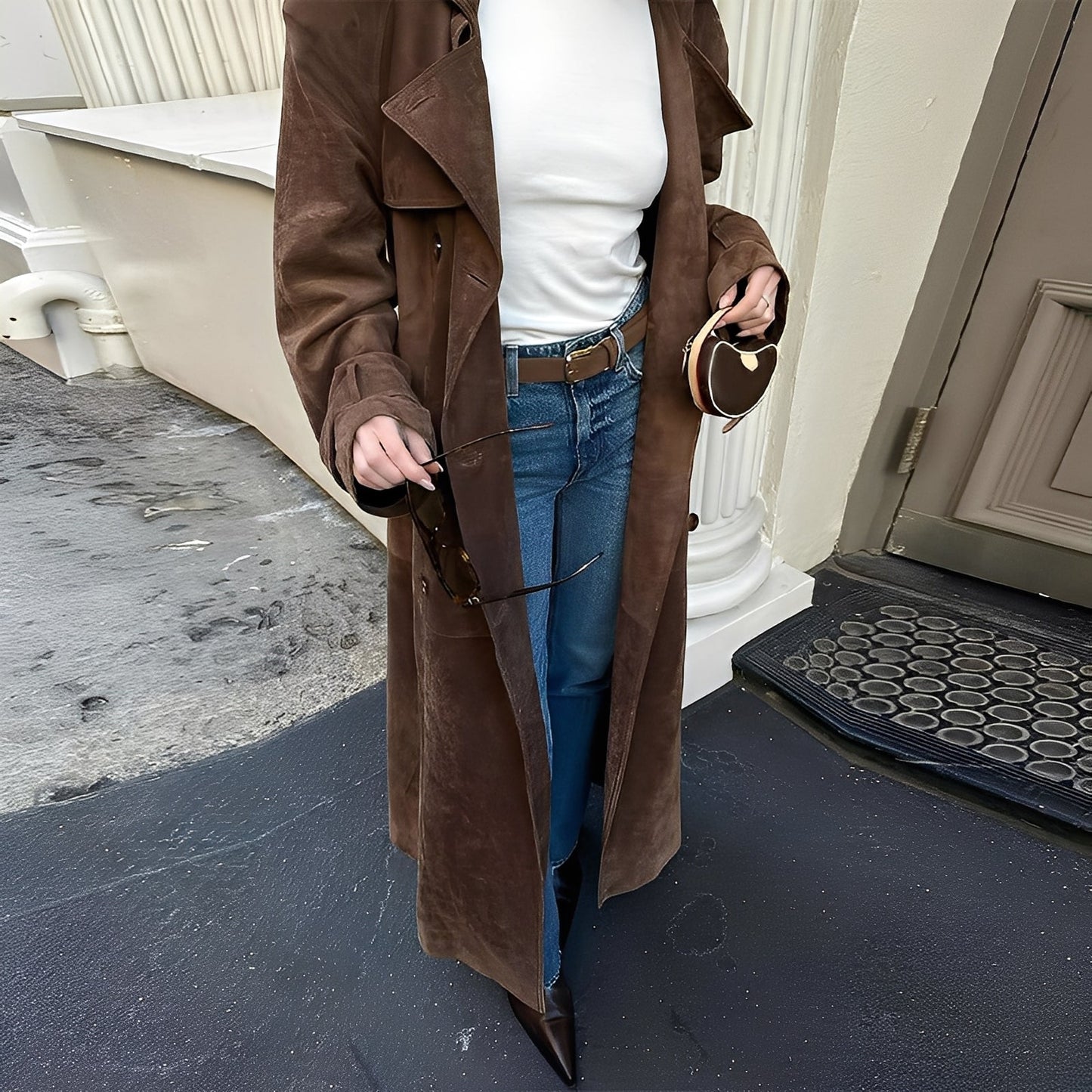 Katrina - Stylowy długi damski płaszcz dwurzędowy