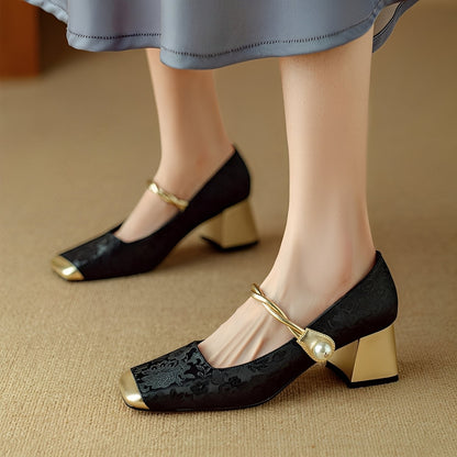 Rhonda - Ekskluzywne stylowe damskie buty na blokowym obcasie z tłoczeniem