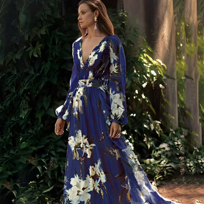 Karine - Elegancka długa sukienka z dekoltem V dla kobiet