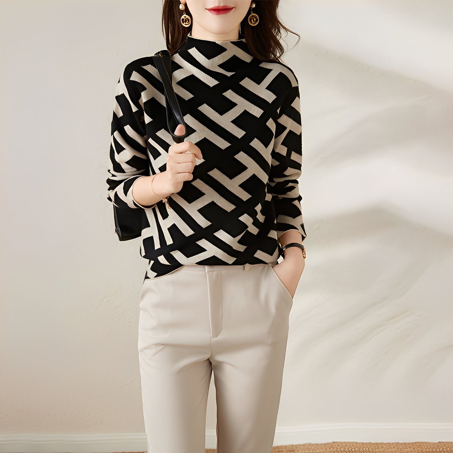 Eleanor - Modna długa rękaw swetrowa bluzka z grafiką dla kobiet