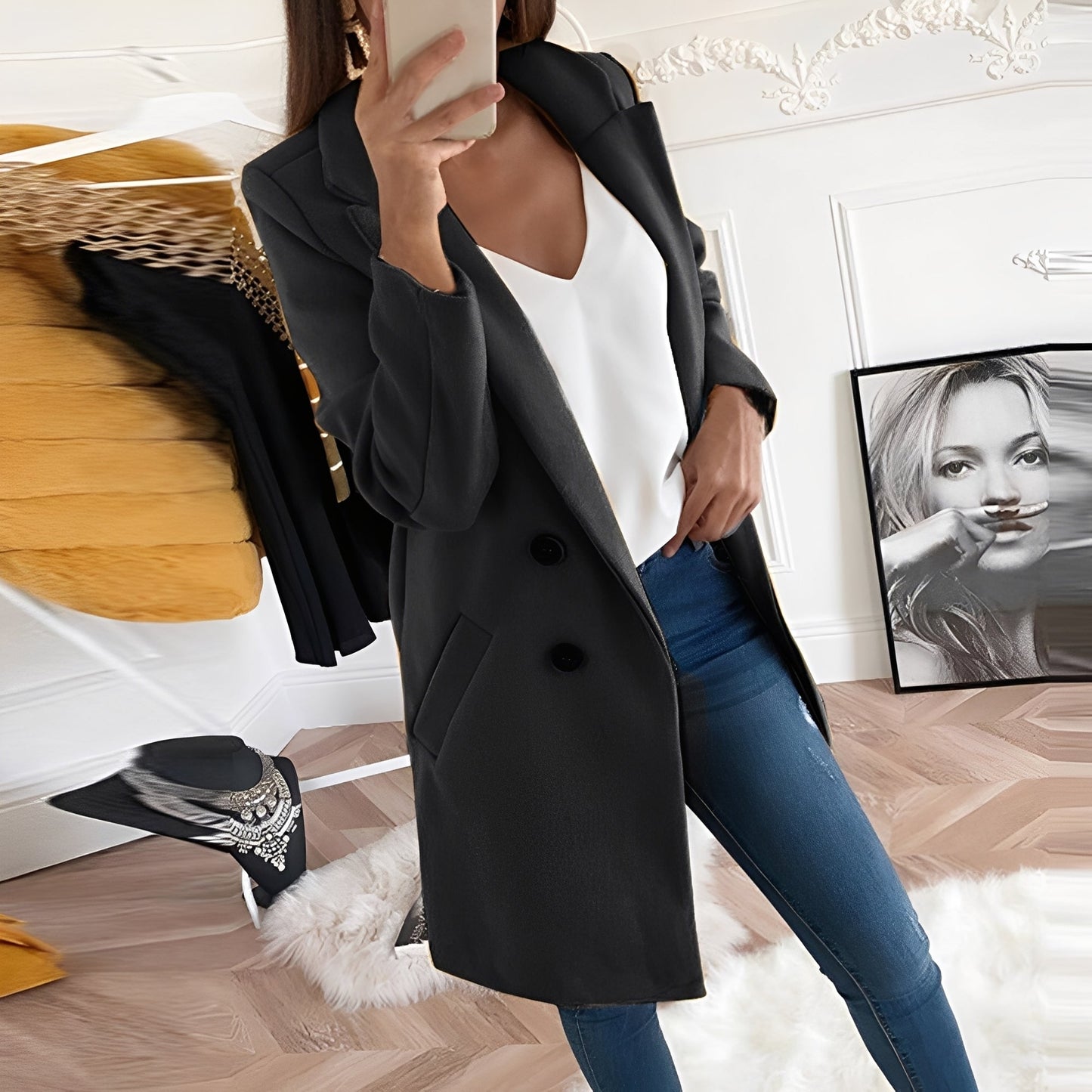 Tiffani - Stylowy długi płaszcz z wełny dla kobiet