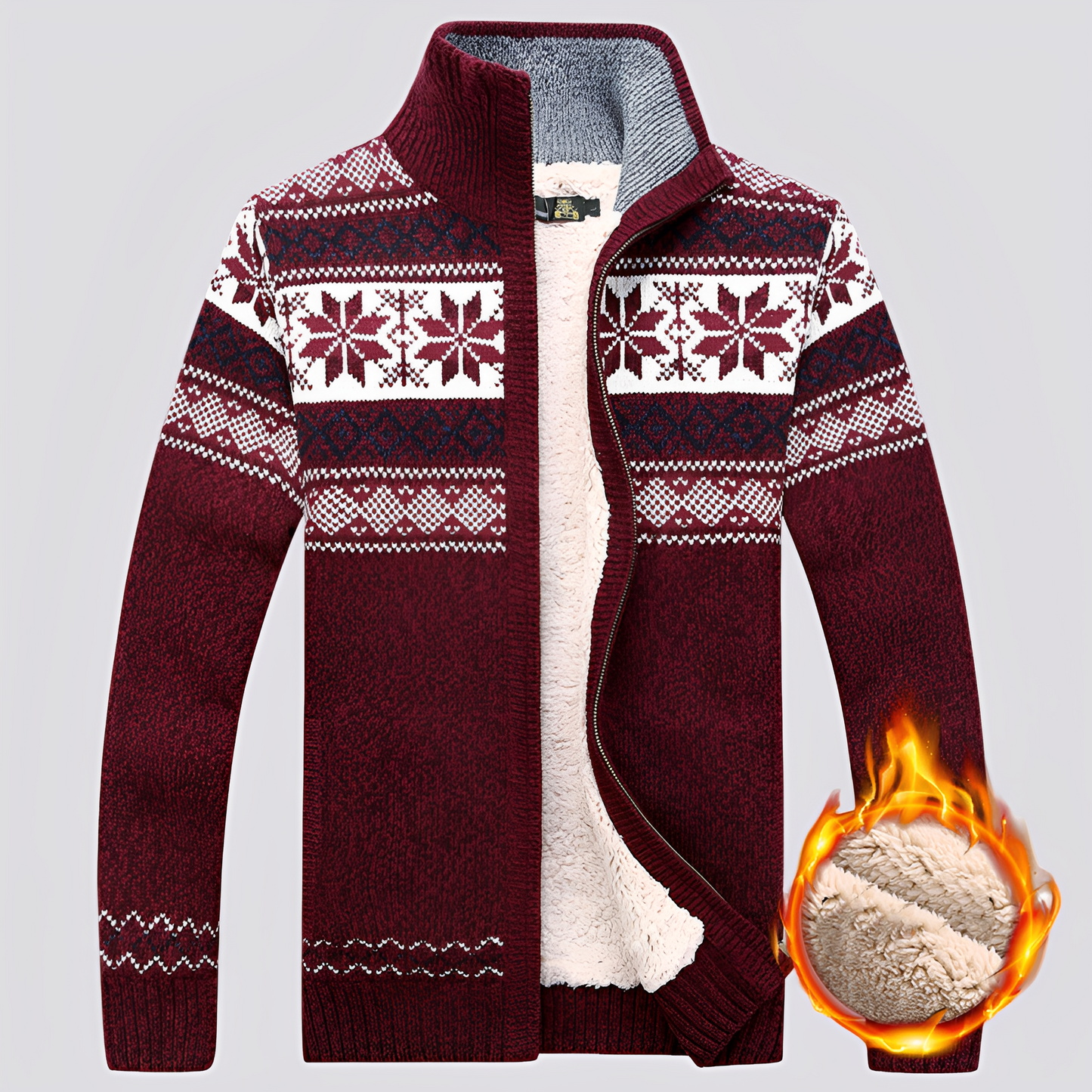 Charley - Wełniany sweter z podszewką typu Sherpa i zimowym wzorem dla mężczyzn