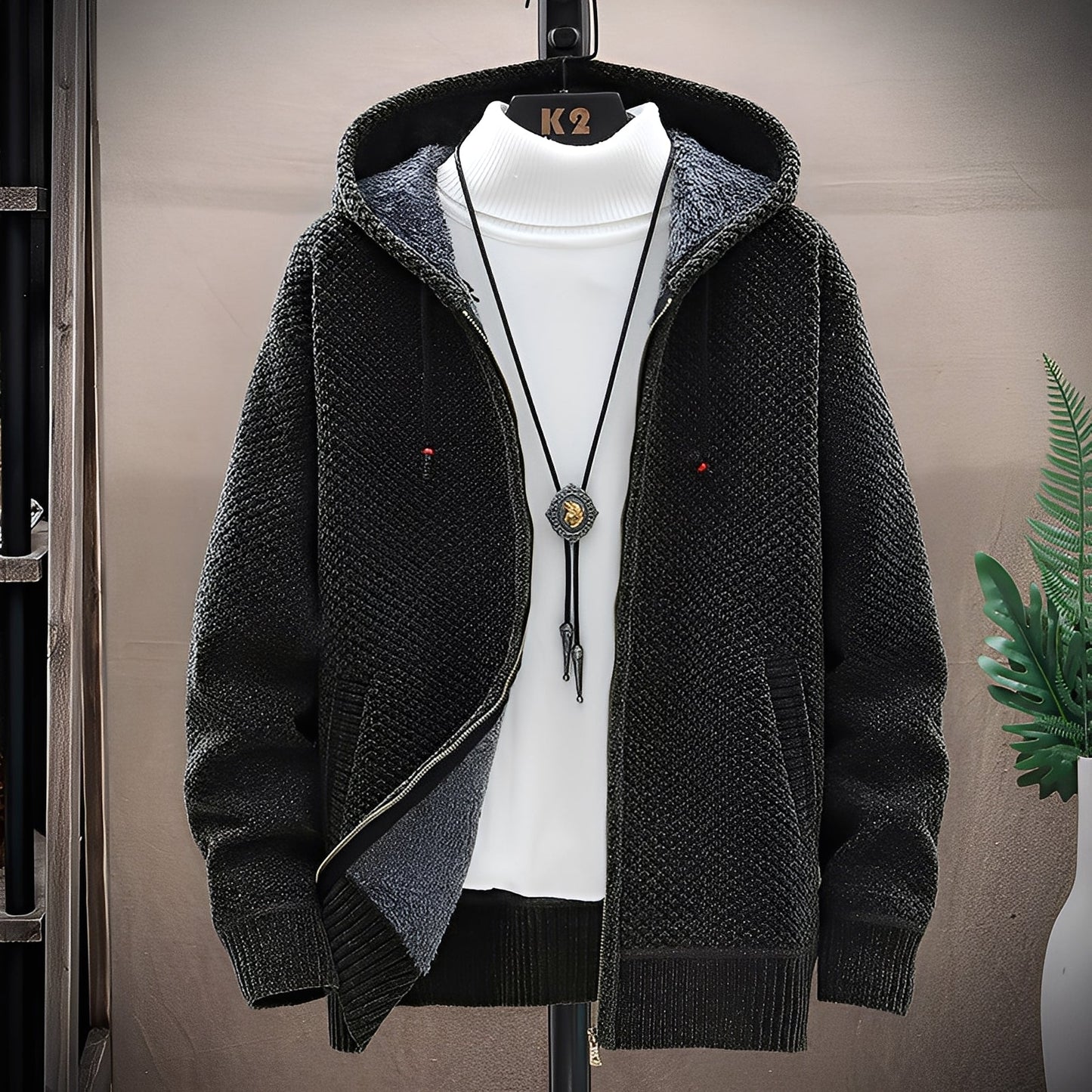 Roni - Męska nowoczesna bluza z kapturem z dzianiny z polarową podszewką