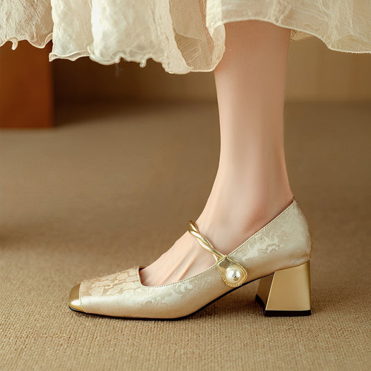 Rhonda - Ekskluzywne stylowe damskie buty na blokowym obcasie z tłoczeniem