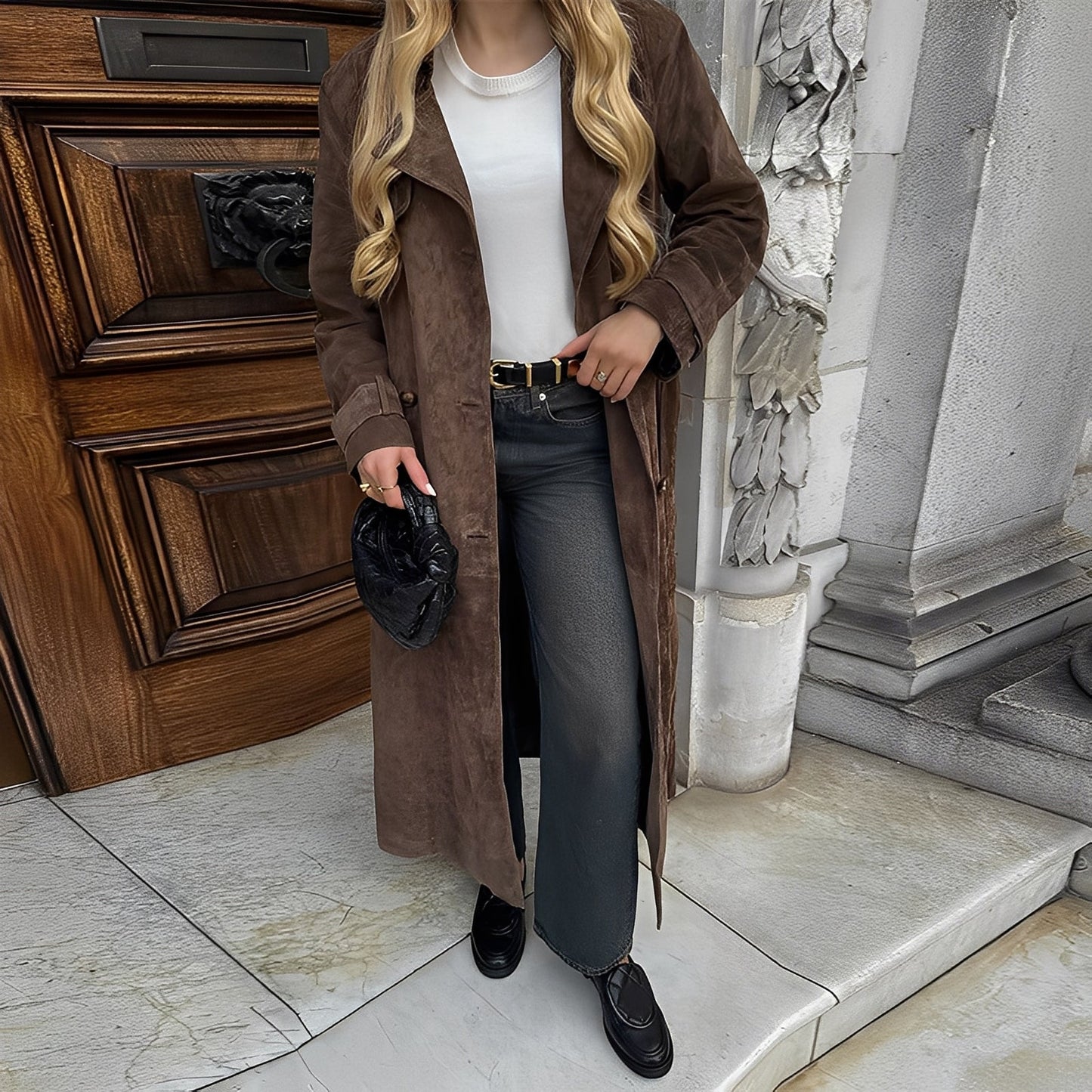 Katrina - Stylowy długi damski płaszcz dwurzędowy