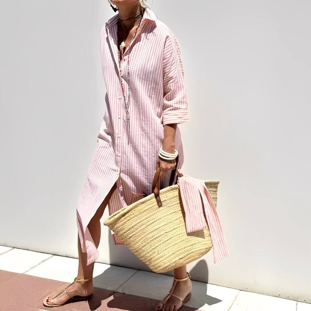 Paulette - Kobieca klasyczna sukienka koszulowa w paski