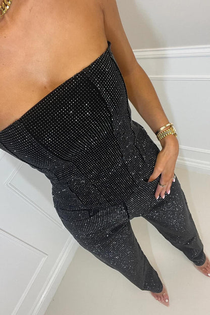 Selina – Overall bez ramion – Glamourowe wejście z połyskującym materiałem