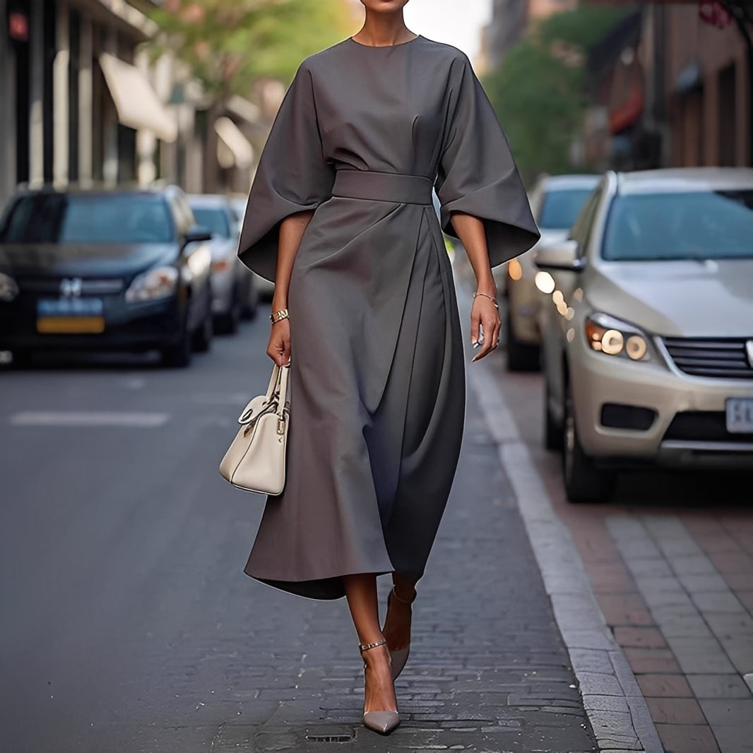 Élise - Stylowa sukienka z latarnianymi rękawami i paskiem dla kobiet