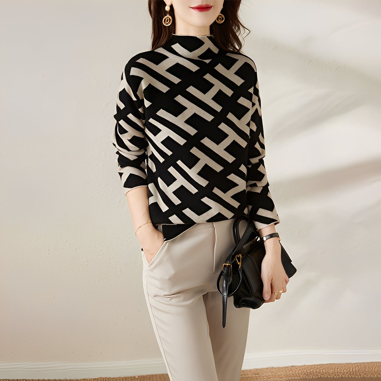 Eleanor - Modna długa rękaw swetrowa bluzka z grafiką dla kobiet