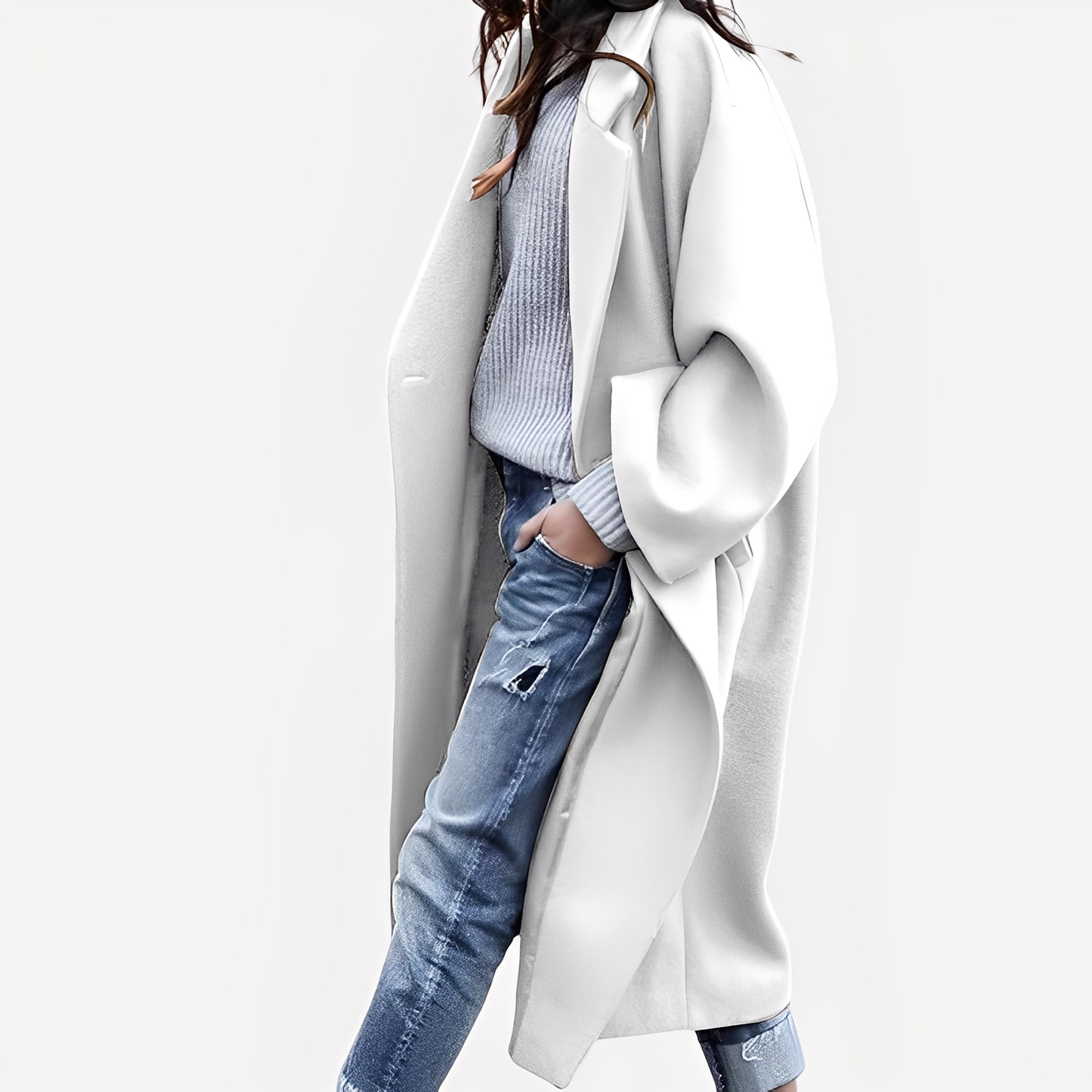 Camellia - Luźny długi płaszcz wełniany dla kobiet