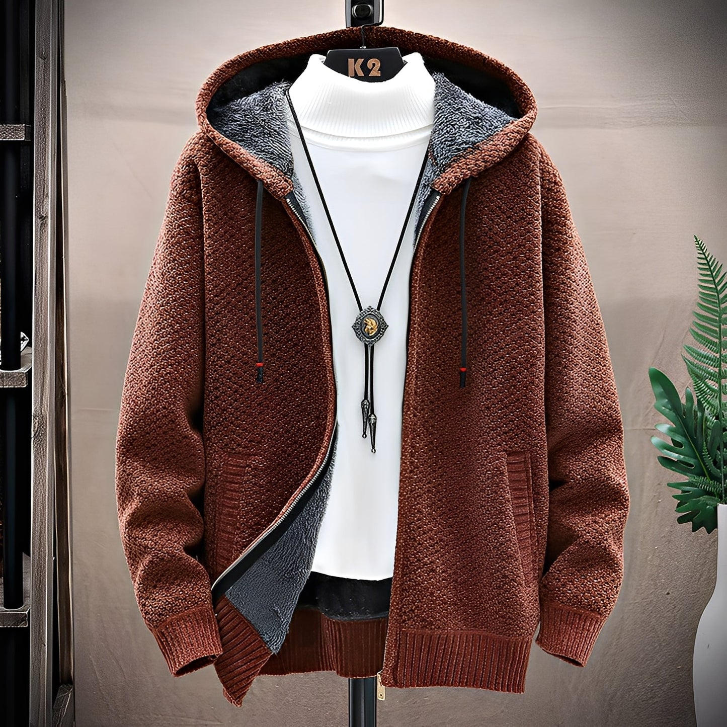 Roni - Męska nowoczesna bluza z kapturem z dzianiny z polarową podszewką