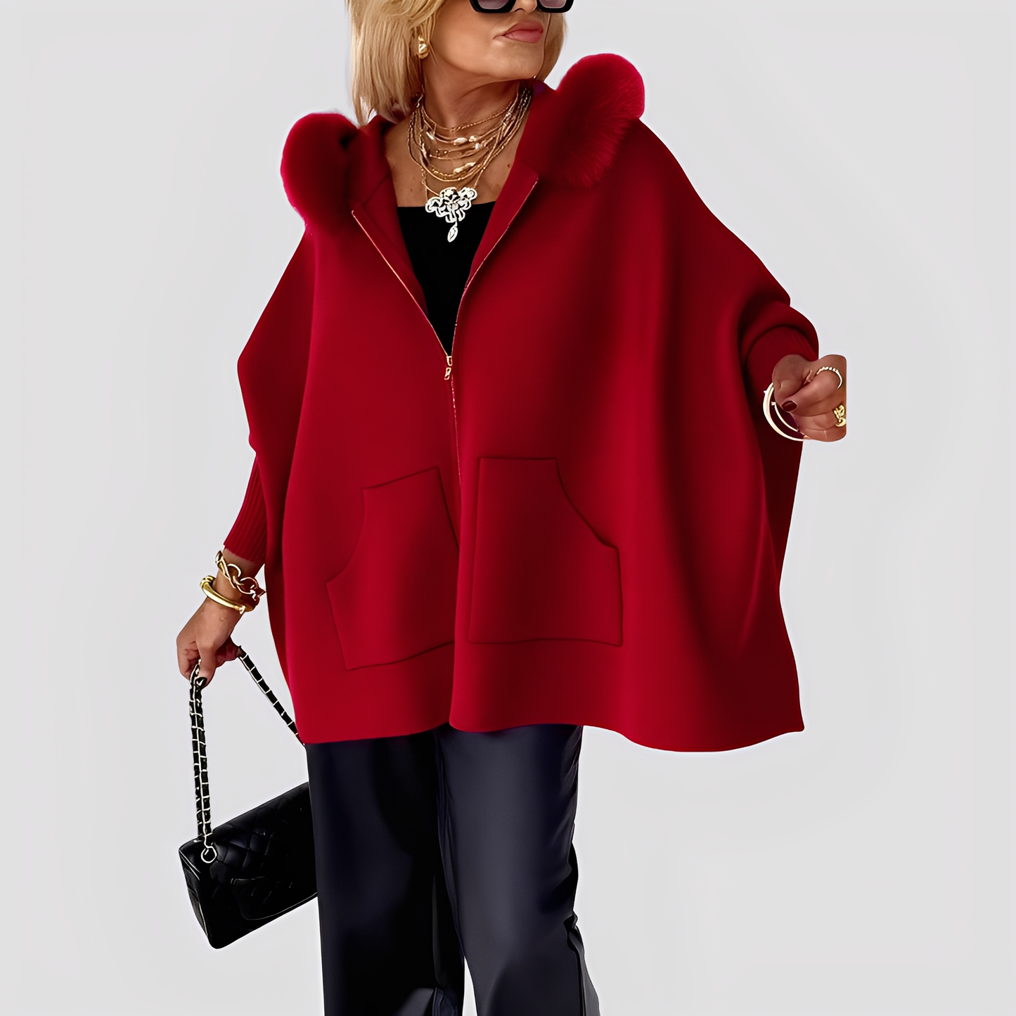 Elvena - Elegancki damski płaszcz z kapturem ze sztucznego futra