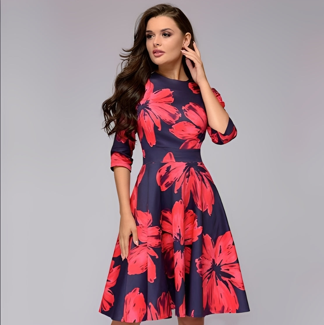 Catherine - Stylowa sukienka A-linia z kwiatowym wzorem dla kobiet