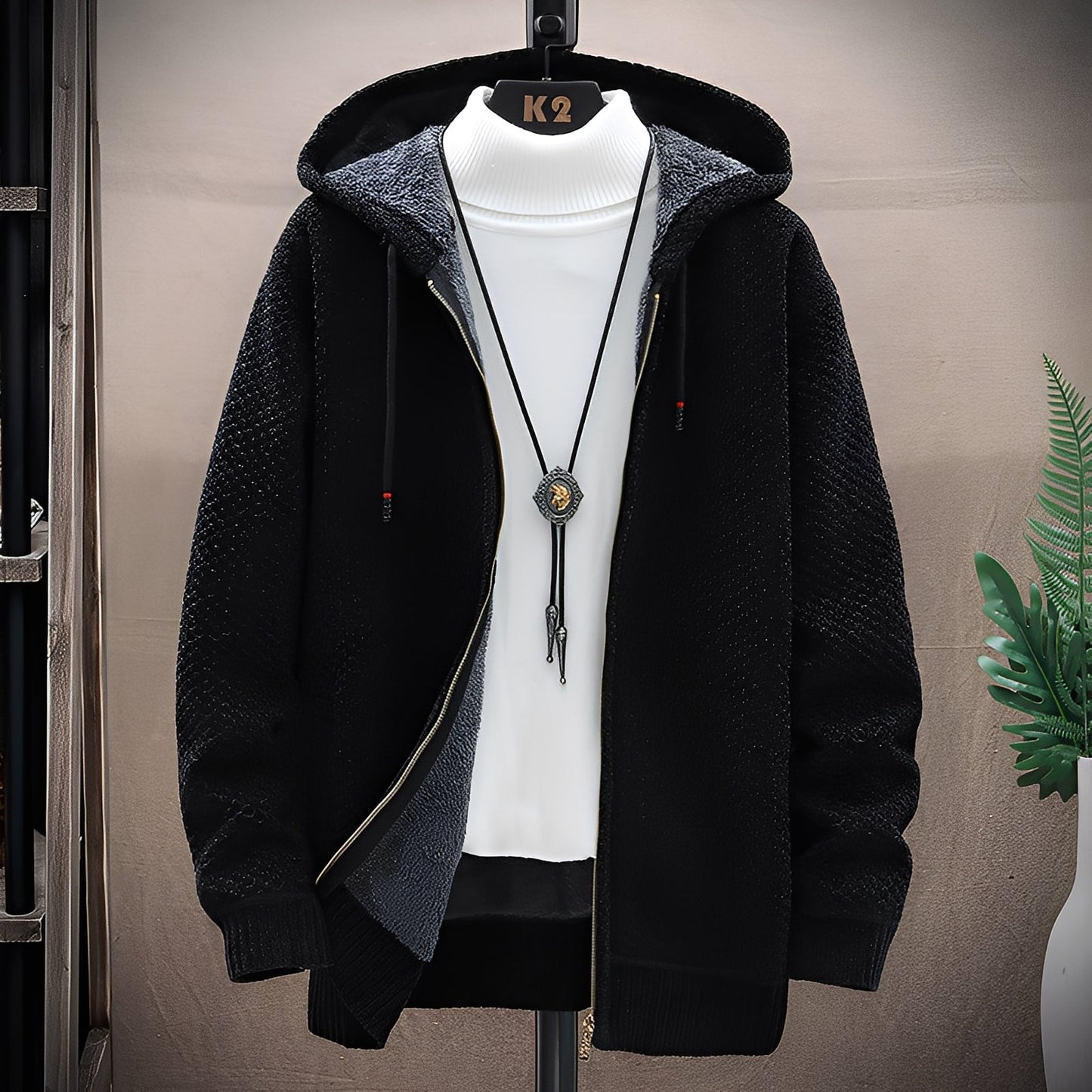 Roni - Męska nowoczesna bluza z kapturem z dzianiny z polarową podszewką