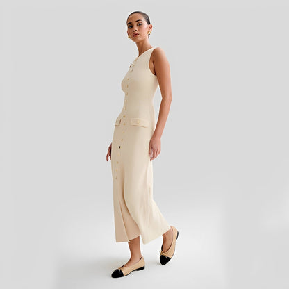 Jessica - Elegancka długa sukienka midi z guzikami dla kobiet