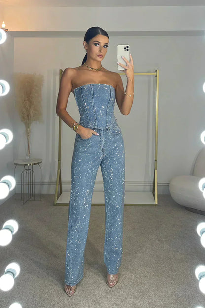 Selina – Overall bez ramion – Glamourowe wejście z połyskującym materiałem