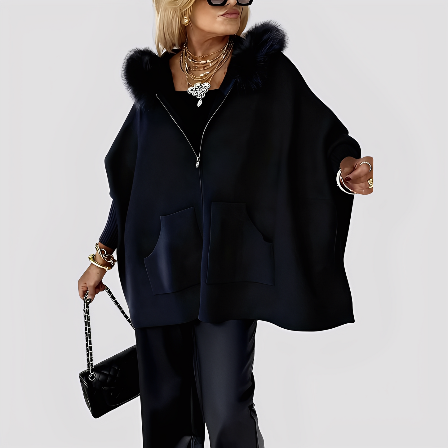 Elvena - Elegancki damski płaszcz z kapturem ze sztucznego futra