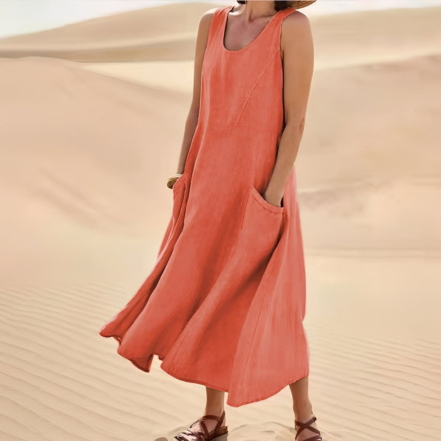 Connie - Luźna, bezrękawnikowa sukienka z kieszeniami dla kobiet