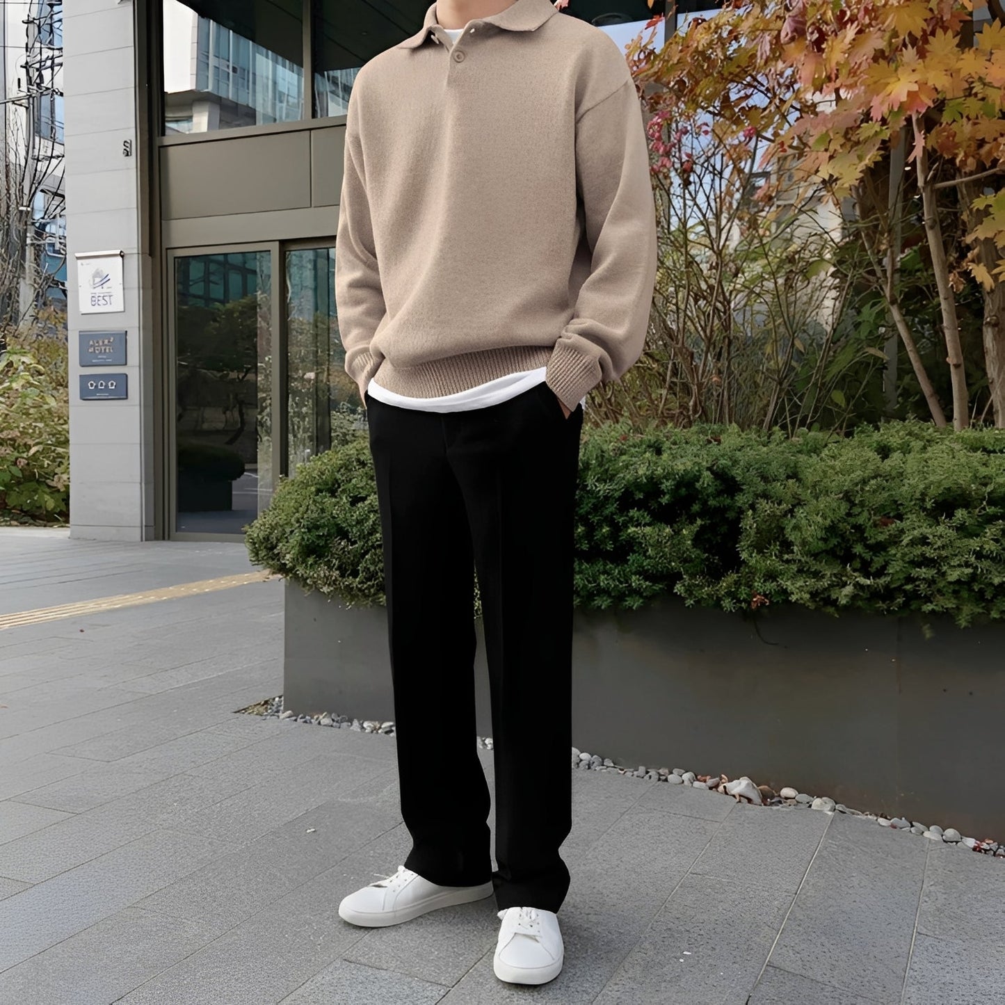 Gino - Męski nowoczesny sweter z wełny z półzamkiem