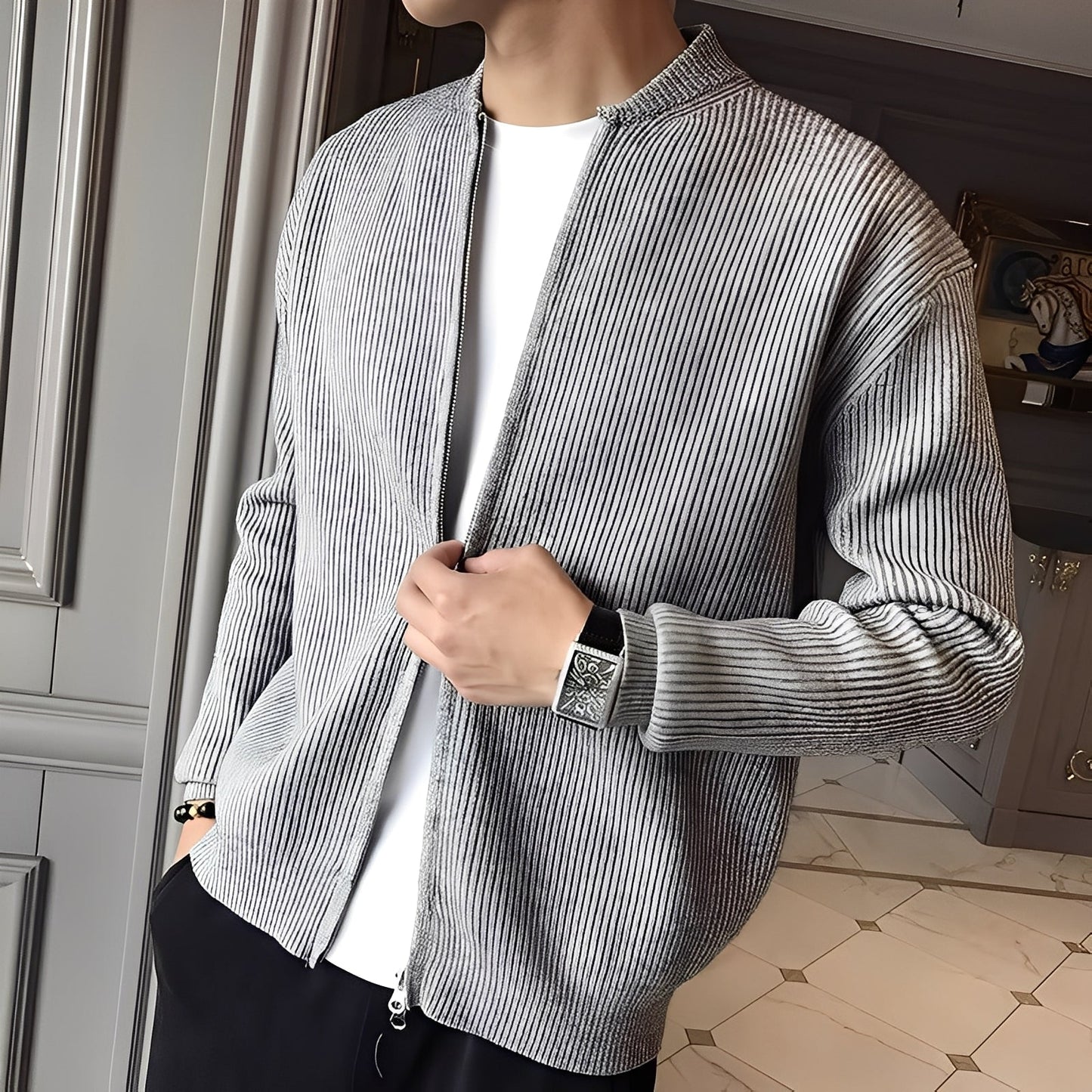 Damon - Sweter vintage z dzianiny z zamkiem dla mężczyzn