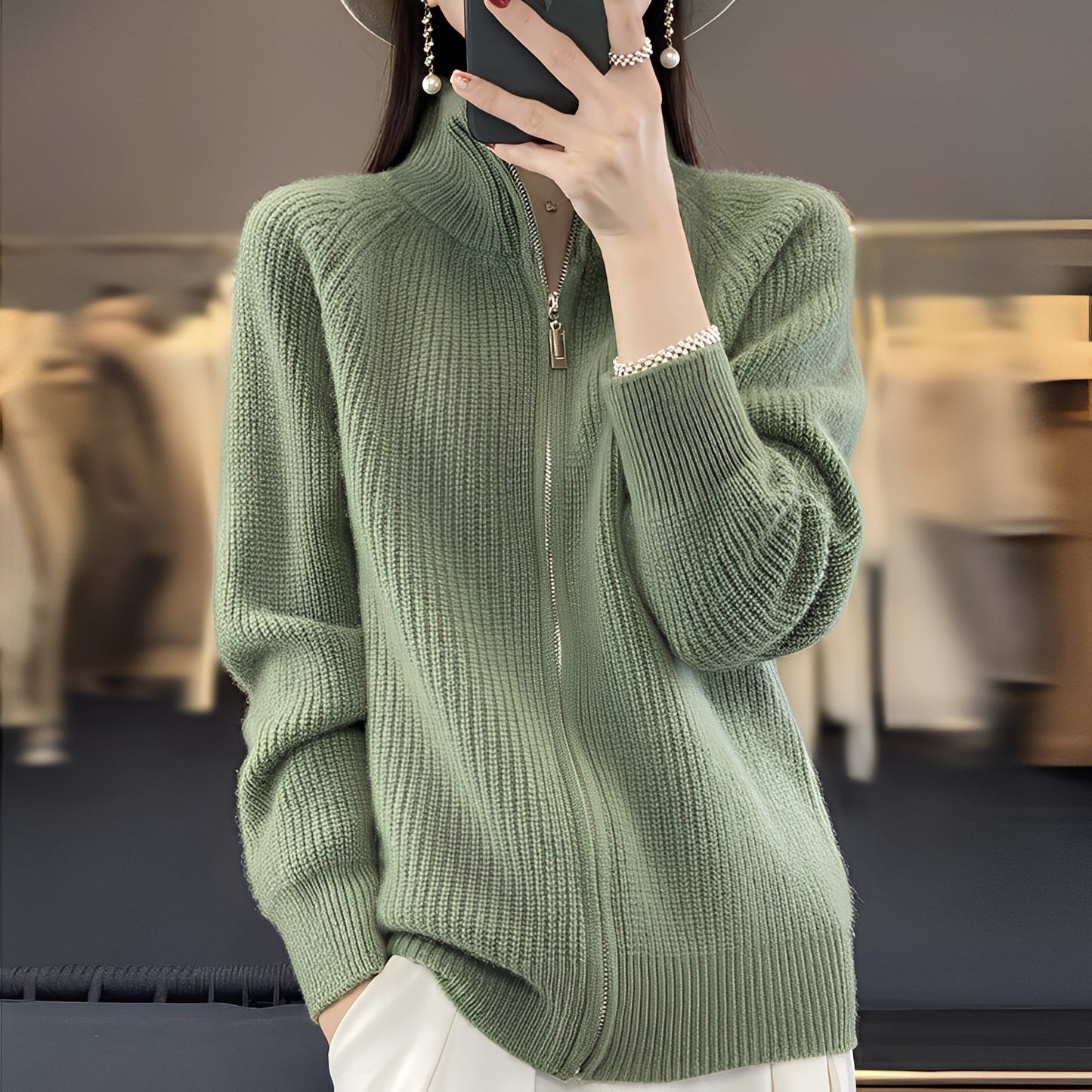 Margaret - Damski wełniany kardigan z zamkiem