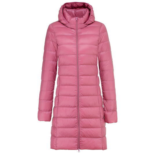 Charlotte - Stylowy długi płaszcz puchowy z kapturem dla kobiet