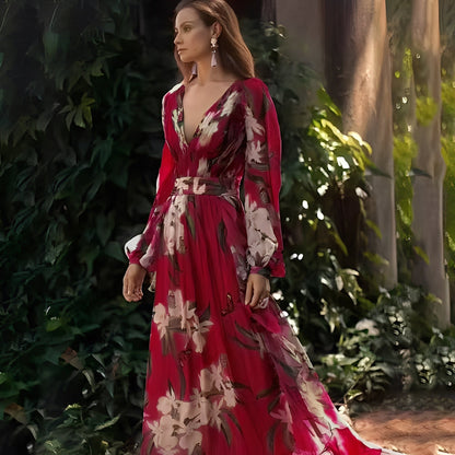 Karine - Elegancka długa sukienka z dekoltem V dla kobiet