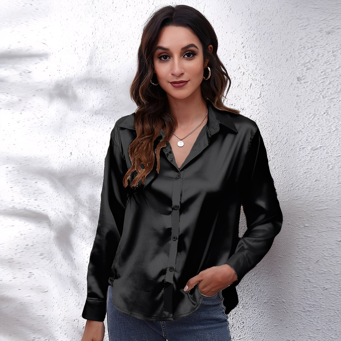Haylee - Luźna damska bluzka z długimi rękawami z jedwabiu